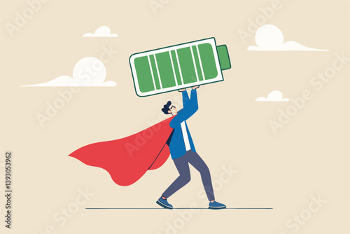 Full battery recharge, full energy to work or refresh from exhaustion, burnout recover, fuel employee or productive and efficient concept, energetic businessman superhero carry full recharge battery.