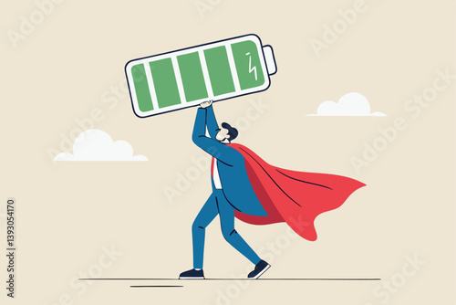 Full battery recharge, full energy to work or refresh from exhaustion, burnout recover, fuel employee or productive and efficient concept, energetic businessman superhero carry full recharge battery.
