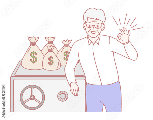 An elderly gentleman proudly stands beside large money bags, showcasing a joyful gesture of happiness