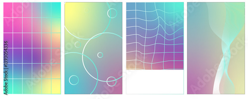 Distorted neon grid pattern. Abstract glitch background. Set collection. Retrowave, synthwave, rave, vaporwave. Blue, black, pink purple colors. Trendy retro 1980s, 90s style. Print, poster, banner.