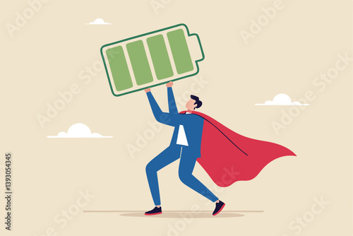 Full battery recharge, full energy to work or refresh from exhaustion, burnout recover, fuel employee or productive and efficient concept, energetic businessman superhero carry full recharge battery.