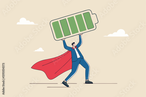 Full battery recharge, full energy to work or refresh from exhaustion, burnout recover, fuel employee or productive and efficient concept, energetic businessman superhero carry full recharge battery.