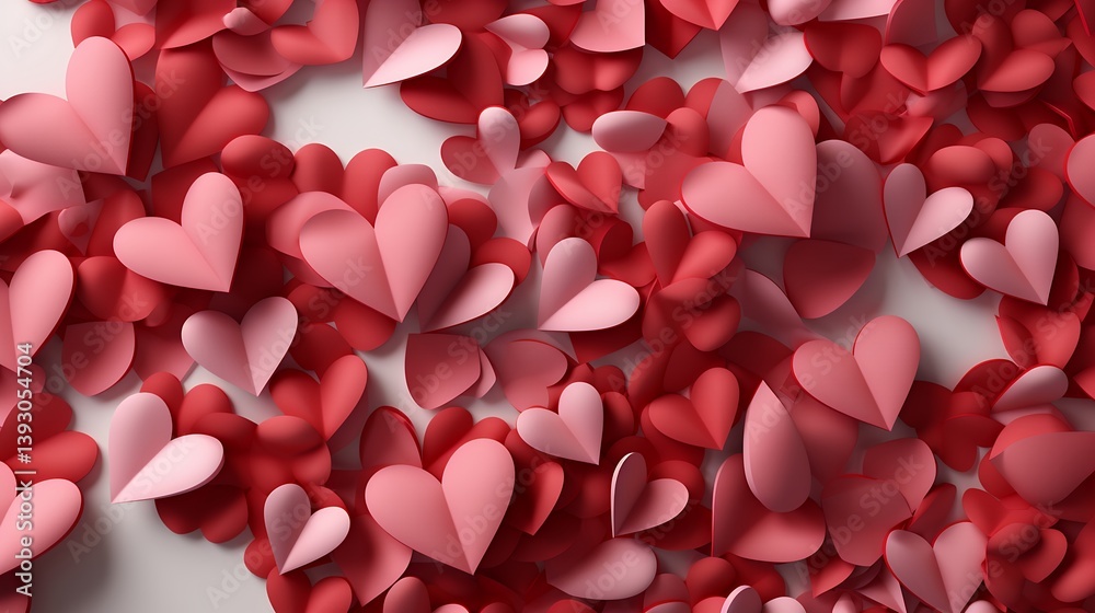 Numerous paper hearts in shades of pink and red scattered on a white background. A romantic and celebratory design Numerous paper hearts in shades of pink and red scattered on a white background. A romantic and celebratory design
