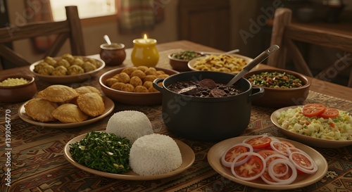 Festive Table Spread of Traditional Brazilian Festa Junina Dishes with Feijoada, Bolinho Caipira, Pão de Queijo, and More