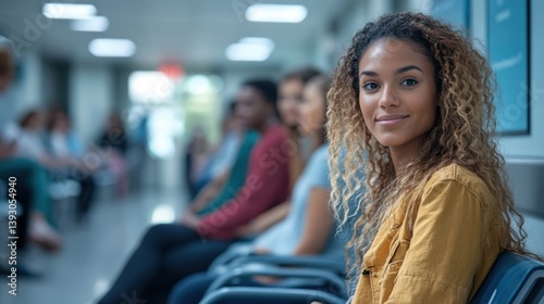 Woman waits in bright waiting room. Woman smiles at camera while sitting near others. Diverse group sits quietly in seating area. photo