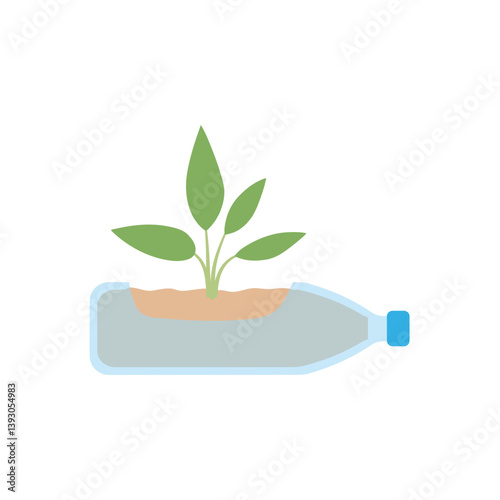 Green plants in pots from plastic bottles. Vector upcycling craft ideas illustration.