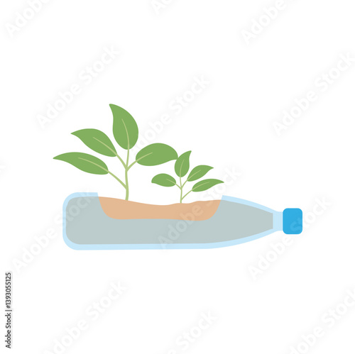 Green plants in pots from plastic bottles. Vector upcycling craft ideas illustration.