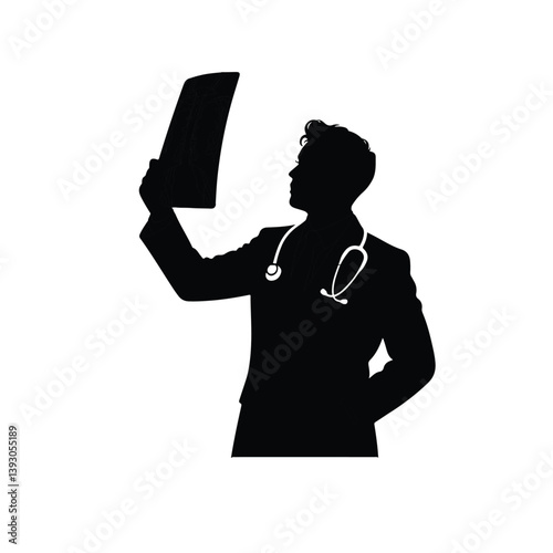  Healthcare Worker Analyzing X-ray with Stethoscope, Black and White

