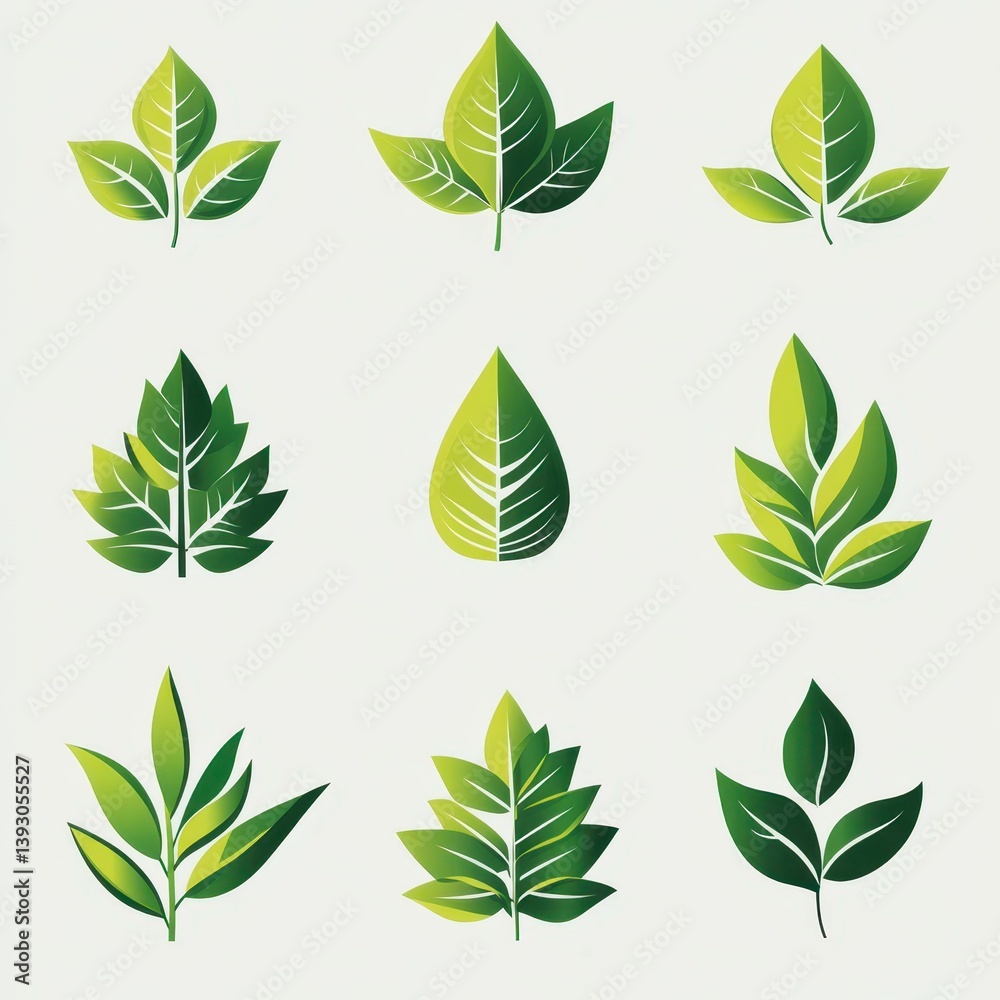 Collection of diverse green leaf designs showcasing different shapes and styles in a harmonious arrangement Collection of diverse green leaf designs showcasing different shapes and styles in a harmonious arrangement