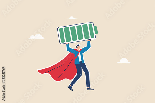 Full battery recharge, full energy to work or refresh from exhaustion, burnout recover, fuel employee or productive and efficient concept, energetic businessman superhero carry full recharge battery.