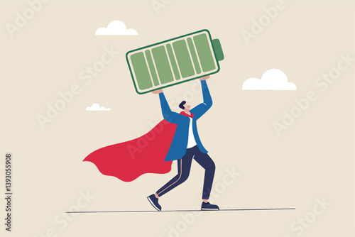 Full battery recharge, full energy to work or refresh from exhaustion, burnout recover, fuel employee or productive and efficient concept, energetic businessman superhero carry full recharge battery.