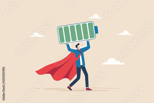 Full battery recharge, full energy to work or refresh from exhaustion, burnout recover, fuel employee or productive and efficient concept, energetic businessman superhero carry full recharge battery.
