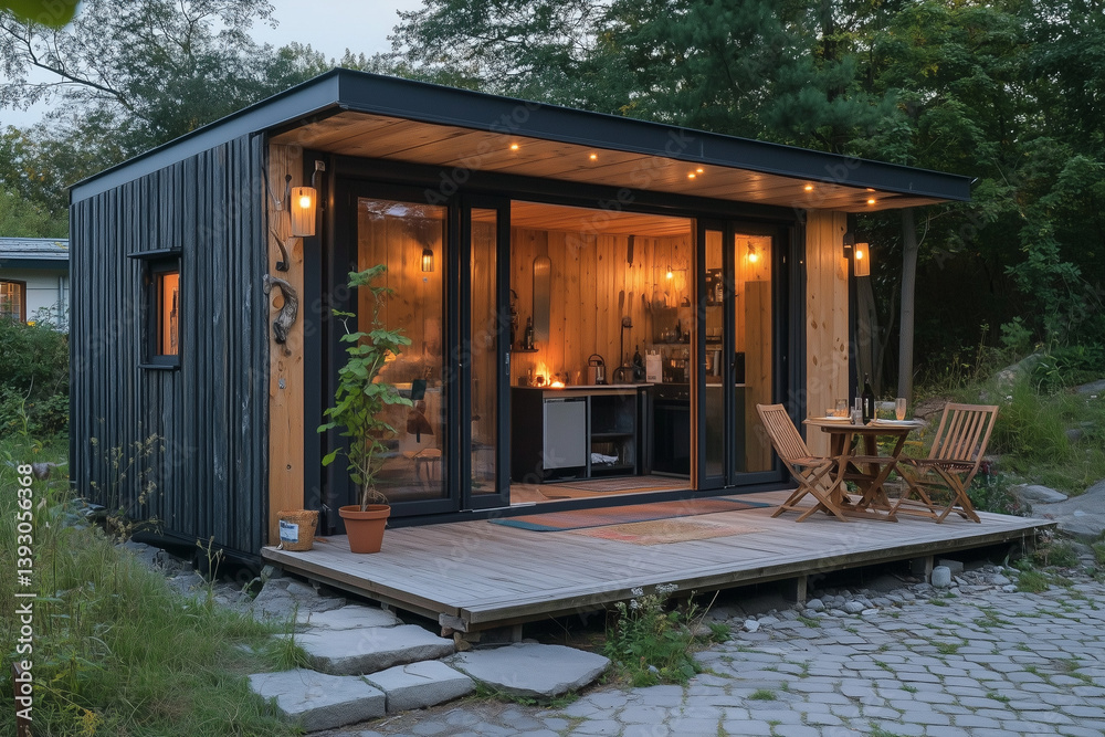 Modern Wooden Tiny House with Outdoor Deck and Warm Interior Lighting