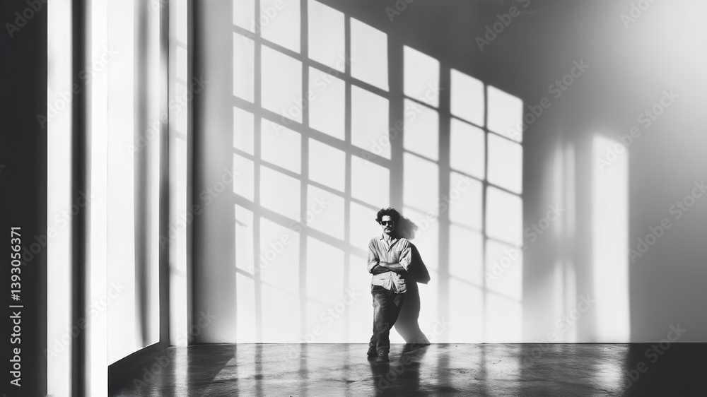 Shadows fall across a man’s face as he leans against a white wall, the monochrome tones enhancing the timeless fashion aesthetic. Shadows fall across a man’s face as he leans against a white wall, the monochrome tones enhancing the timeless fashion aesthetic.