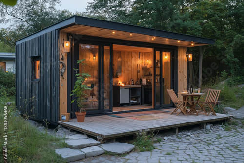 Obraz na płótnie Modern Wooden Tiny House with Outdoor Deck and Warm Interior Lighting w salonie