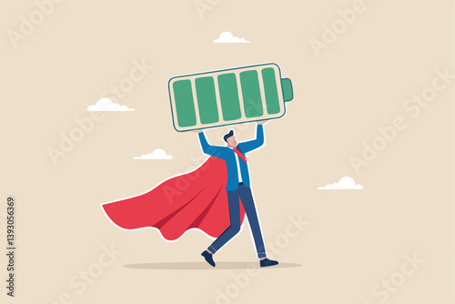 Full battery recharge, full energy to work or refresh from exhaustion, burnout recover, fuel employee or productive and efficient concept, energetic businessman superhero carry full recharge battery.