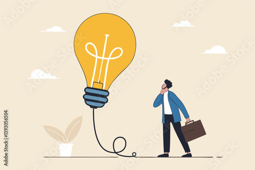 Create new idea, creativity, innovation to solve problem, idea development or invention, imagination or motivation to think about solution concept, businessman pump air inflate in big lightbulb idea.