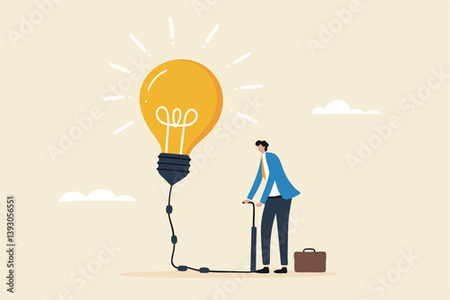 Create new idea, creativity, innovation to solve problem, idea development or invention, imagination or motivation to think about solution concept, businessman pump air inflate in big lightbulb idea.