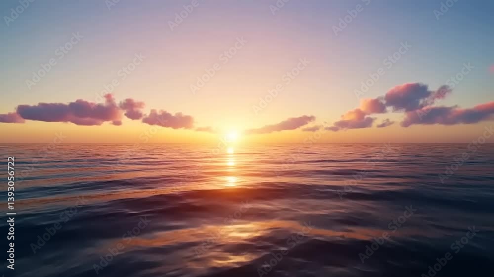 Serene sunset over calm ocean waters, with soft clouds reflecting warm hues in the background Serene sunset over calm ocean waters, with soft clouds reflecting warm hues in the background