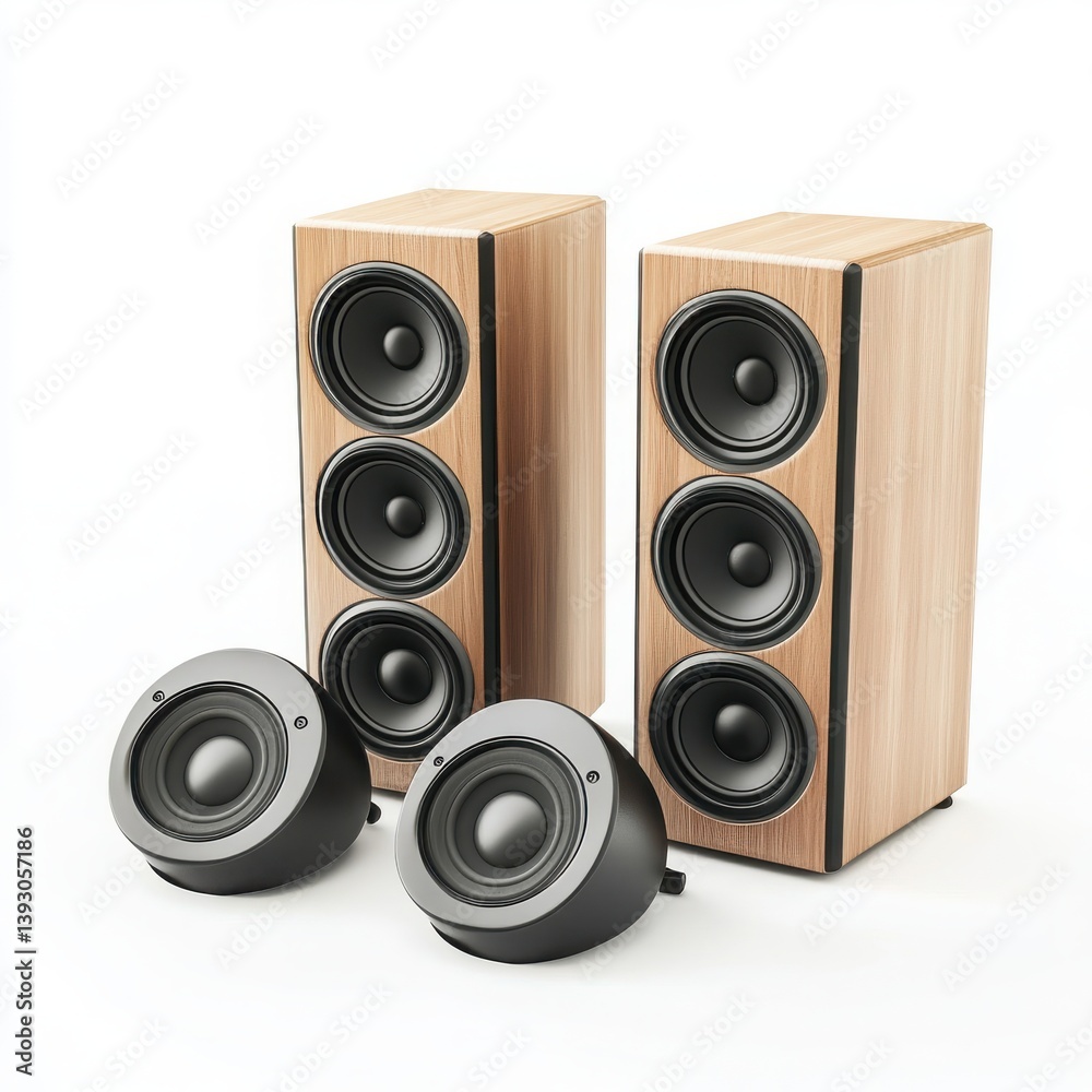 Fototapeta premium Wooden tower speakers and satellite speakers on white background
