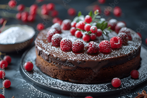 Chocolate cake with berries and powdered sugar on a dark moody background,