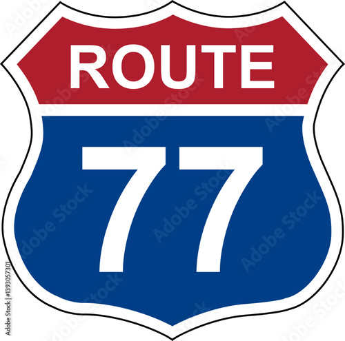 Route 77. Sign with route number. Designations of routes or tourist destinations. Road number. US route sign.