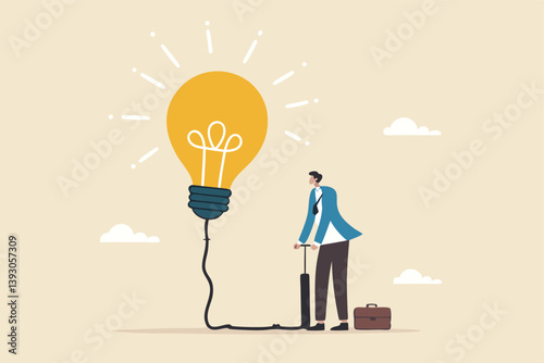 Create new idea, creativity, innovation to solve problem, idea development or invention, imagination or motivation to think about solution concept, businessman pump air inflate in big lightbulb idea.
