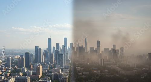 A city skyline half in smog, half in clear sky – representing air pollution.