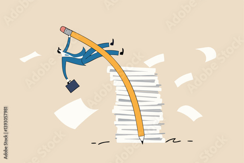 Efficiency or productivity to finish work, manage busy workload or paperwork, project documents or overcome exhausted or challenge concept, businessman jump pole vault over busy document paper.