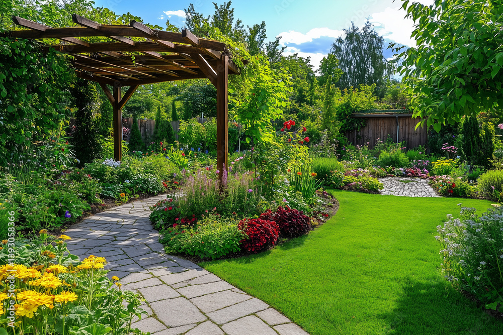 Lush Garden with Pergola and Stone Pathway