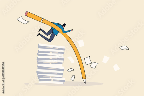 Efficiency or productivity to finish work, manage busy workload or paperwork, project documents or overcome exhausted or challenge concept, businessman jump pole vault over busy document paper.