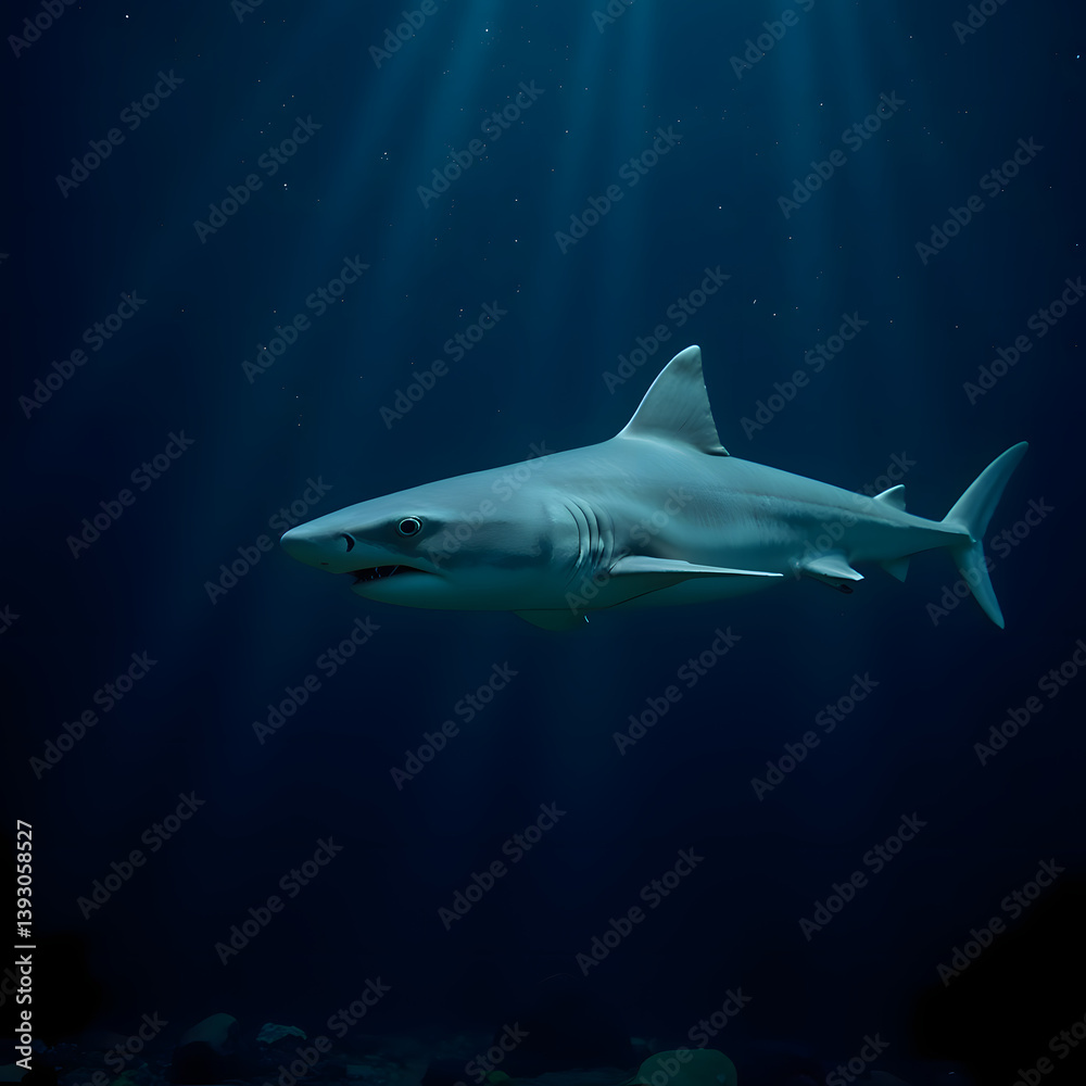 Fototapeta premium Shark swimming underwater in dark ocean