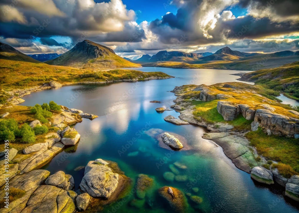 Obraz premium Aerial Panorama of Majestic Rondane National Park Rugged Norwegian Peaks and Glacial Scenery Unveiled