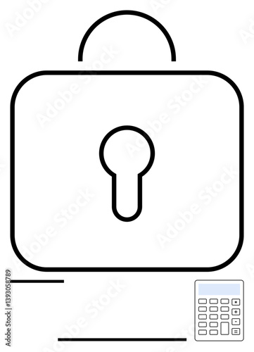 Large padlock with distinct keyhole, accompanied by a calculator, representing cybersecurity, data safety, financial security, or password protection. Ideal for banking, encryption, data privacy