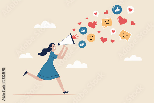 PR, public relation or marketing communication, advertising campaign or social media marketing, online promotion or email newsletter concept, young woman PR speak on a megaphone on social media.