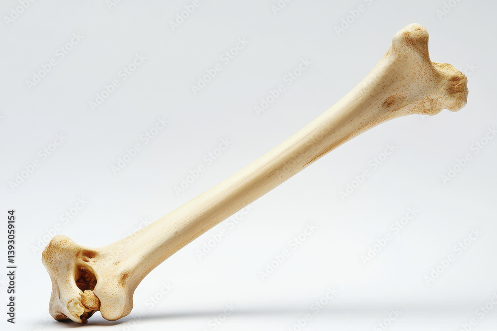 Fototapeta premium Detailed human femur bone on clean background, showcasing its structure and texture