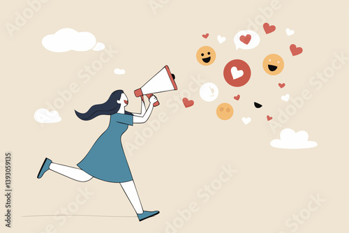 PR, public relation or marketing communication, advertising campaign or social media marketing, online promotion or email newsletter concept, young woman PR speak on a megaphone on social media.