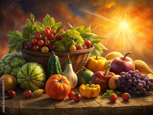Sunlit Summer Harvest: Fresh Produce Basking in Golden Sunlight photo