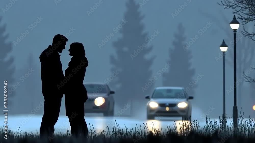 Silhouette of a Couple in Love on a Misty Winter Evening Silhouette of a Couple in Love on a Misty Winter Evening