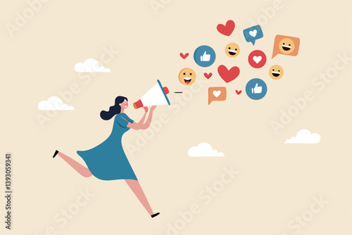 PR, public relation or marketing communication, advertising campaign or social media marketing, online promotion or email newsletter concept, young woman PR speak on a megaphone on social media.