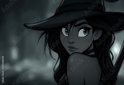  an animated girl wearing a black witch hat and holding a broom in her hand The background is blurred, giving the image a dreamy, ethereal feel