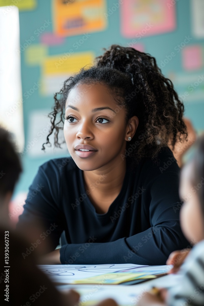 Young African American teacher looking at the work of her students in a elementary school classroom