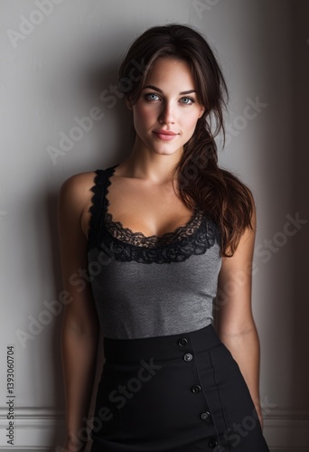  a woman standing in front of a wall, wearing a black skirt and a gray top She has a confident stance and her hair is styled in a sleek bob Her makeup is subtle an