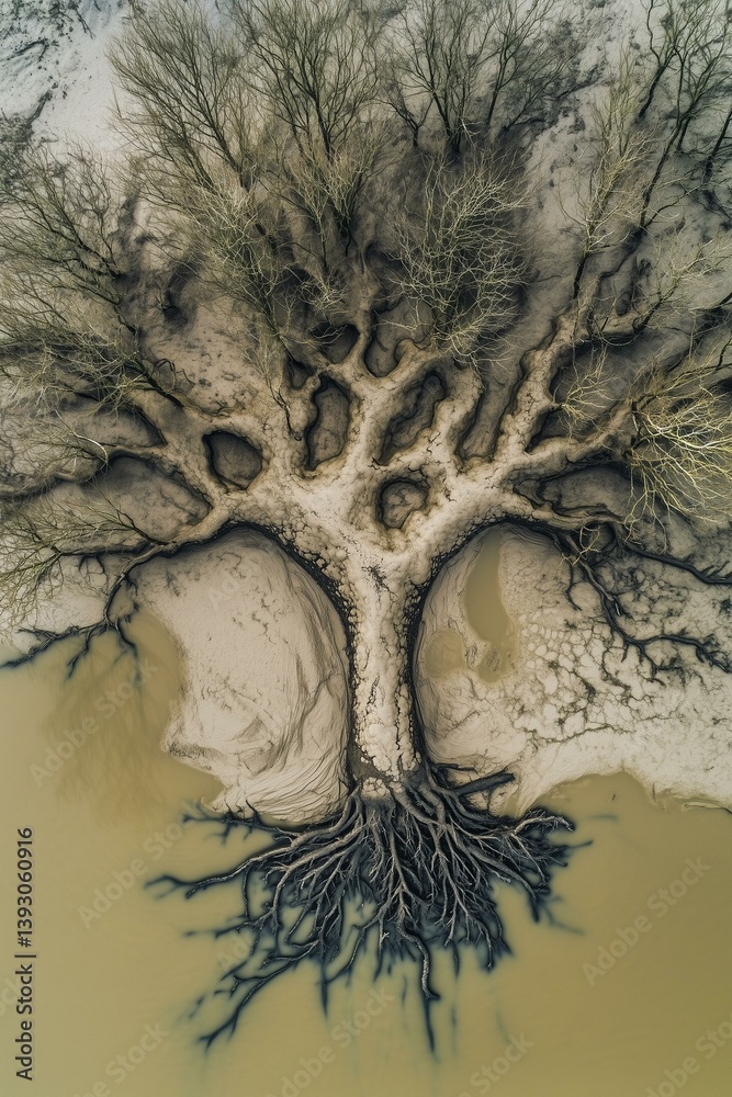 Aerial view of intricate mud tree patterns by water