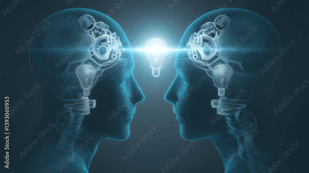 Fototapeta premium Wireframe heads facing each other, light bulb ideas inside, symbolizing collaboration, innovation, and knowledge sharing