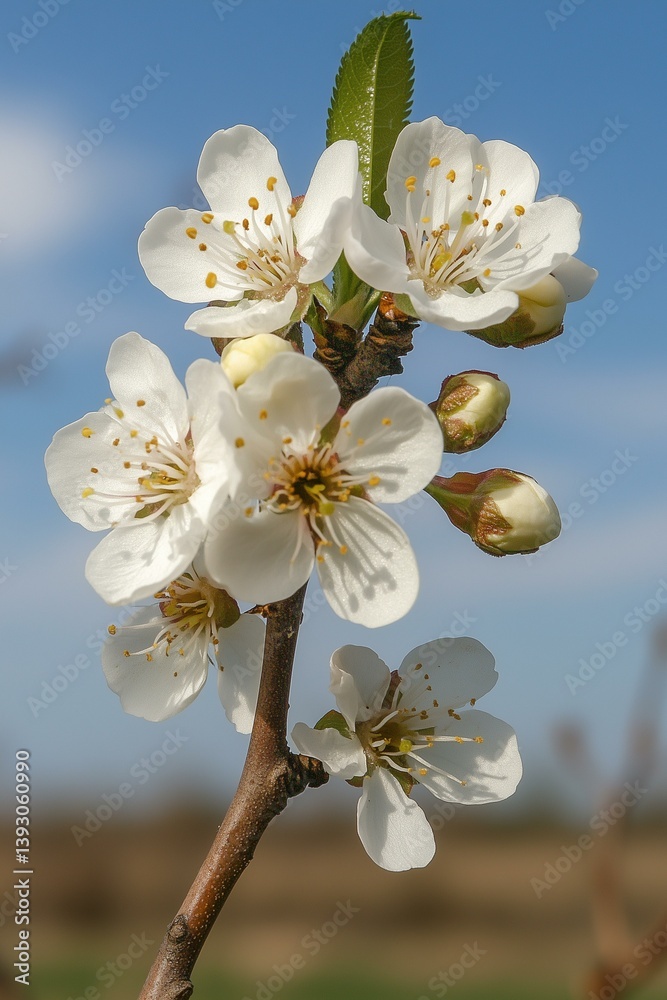 Spring blossoms on a branch against a pale blue sky
