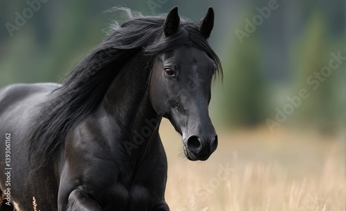  a black horse running through a field of tall grass, with a blurred background