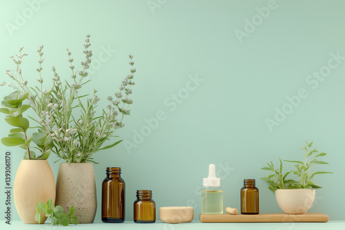 Minimalist Spa Setup with Lavender and Bottles