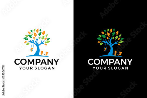 children playing under the tree logo design inspiration