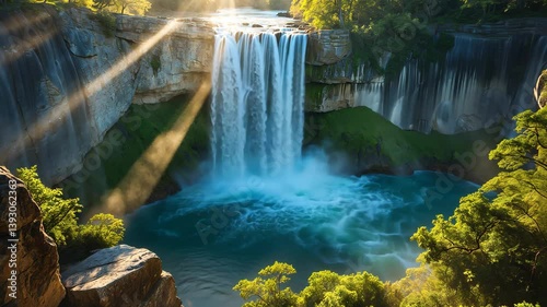 A stunning video showcasing a cascading waterfall with sunlight glistening on the swiftly flowing water.